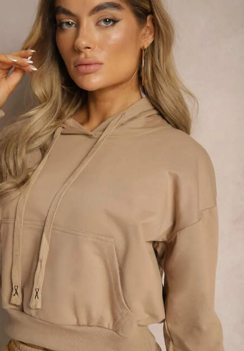 Beżowa Bluza z Kapturem i Bawełną Ozdobiona Ściągaczami Evianae