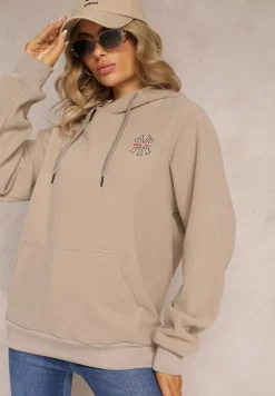 Beżowa Bluza z Kapturem i Ozdobnym Haftem Gamalie