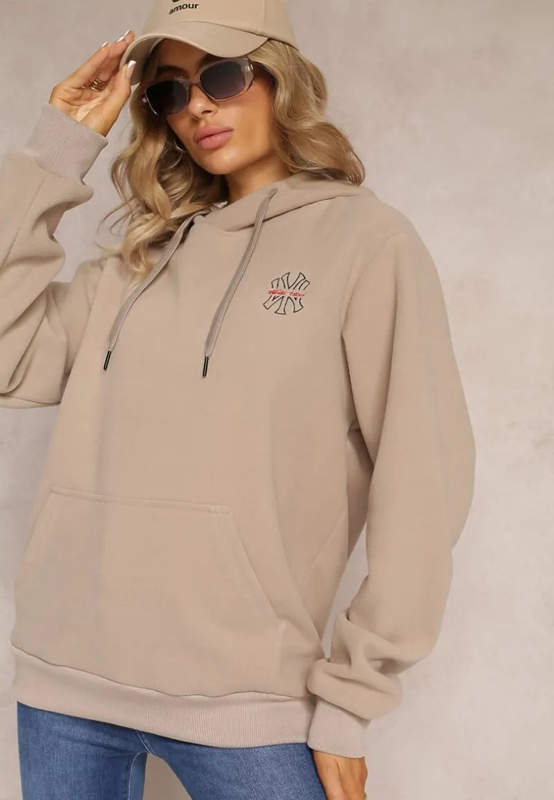 Beżowa Bluza z Kapturem i Ozdobnym Haftem Gamalie