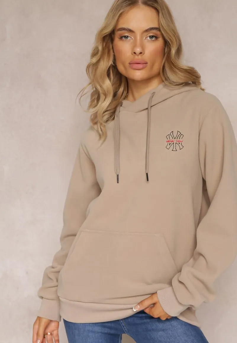 Beżowa Bluza z Kapturem i Ozdobnym Haftem Gamalie