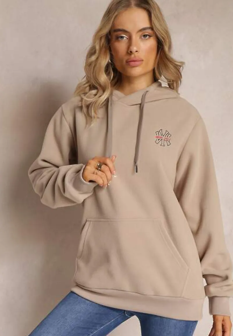 Beżowa Bluza z Kapturem i Ozdobnym Haftem Gamalie