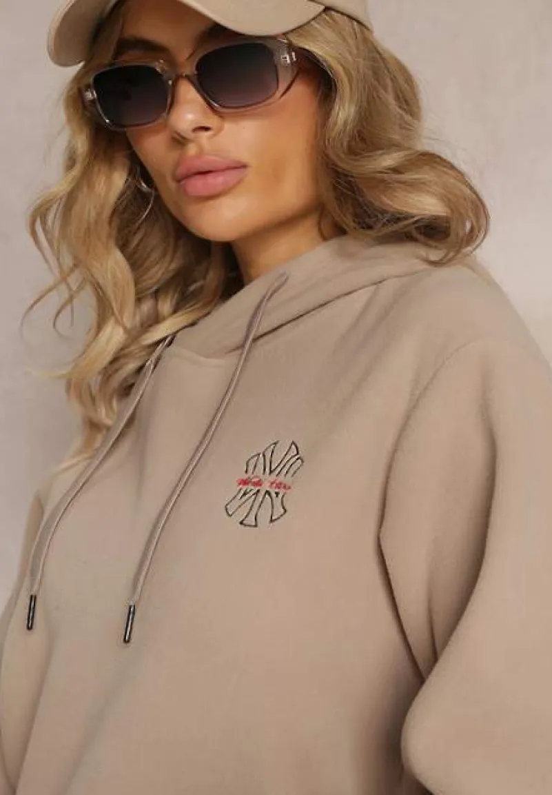 Beżowa Bluza z Kapturem i Ozdobnym Haftem Gamalie