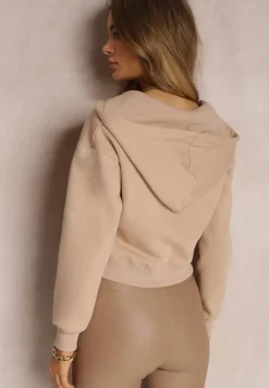 Beżowa Bluza Zasuwana z Kapturem Bikatu