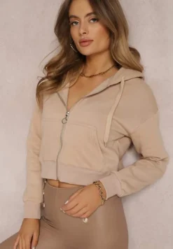 Beżowa Bluza Zasuwana z Kapturem Bikatu
