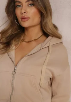 Beżowa Bluza Zasuwana z Kapturem Bikatu