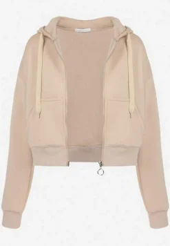 Beżowa Bluza Zasuwana z Kapturem Bikatu