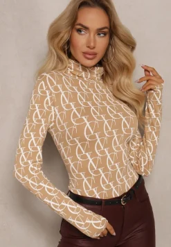 Beżowa Bluzka Golf z Bawełny w Literowy Wzór Noralira