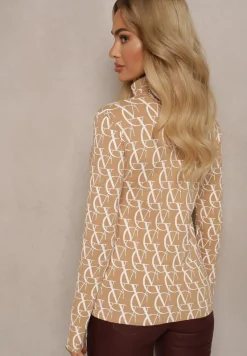 Beżowa Bluzka Golf z Bawełny w Literowy Wzór Noralira