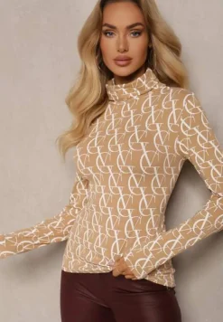 Beżowa Bluzka Golf z Bawełny w Literowy Wzór Noralira