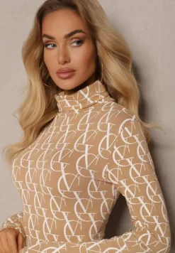 Beżowa Bluzka Golf z Bawełny w Literowy Wzór Noralira