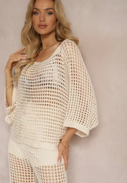 Beżowa Bluzka Narzutka o Ażurowym Wykończeniu z Rękawami Długości 3/4 Naloevi