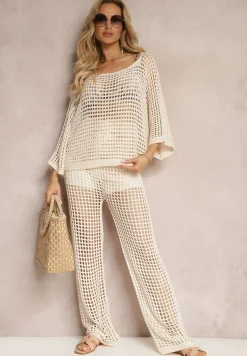 Beżowa Bluzka Narzutka o Ażurowym Wykończeniu z Rękawami Długości 3/4 Naloevi