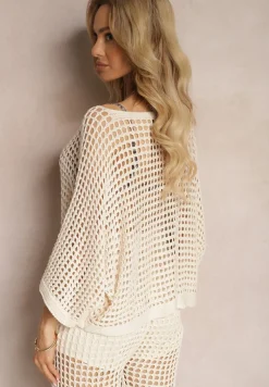 Beżowa Bluzka Narzutka o Ażurowym Wykończeniu z Rękawami Długości 3/4 Naloevi