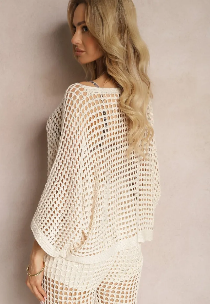 Beżowa Bluzka Narzutka o Ażurowym Wykończeniu z Rękawami Długości 3/4 Naloevi
