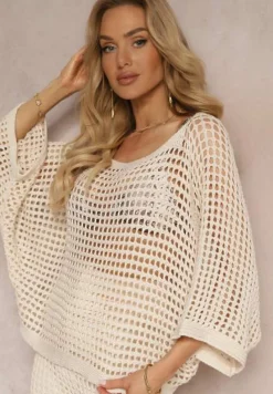 Beżowa Bluzka Narzutka o Ażurowym Wykończeniu z Rękawami Długości 3/4 Naloevi