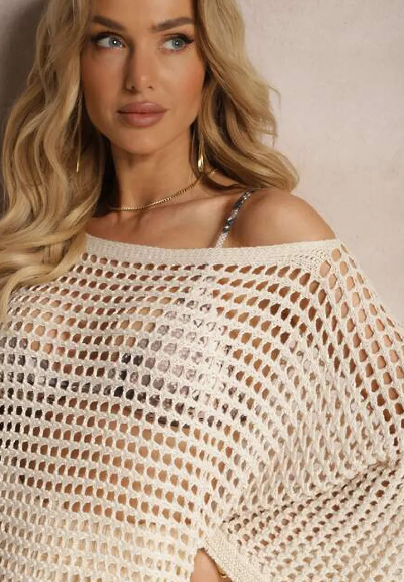 Beżowa Bluzka Narzutka o Ażurowym Wykończeniu z Rękawami Długości 3/4 Naloevi