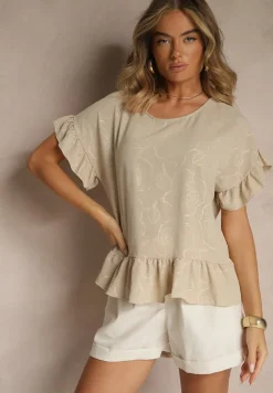 Beżowa Bluzka Oversize Ozdobiona Falbanami Liriele