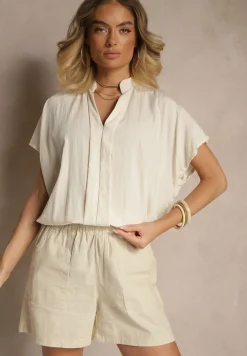 Beżowa Bluzka Oversize z Wiskozą o Kroju Nietoperz z Dekoltem w Serek Davithiel