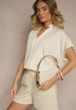 Beżowa Bluzka Oversize z Wiskozą o Kroju Nietoperz z Dekoltem w Serek Davithiel