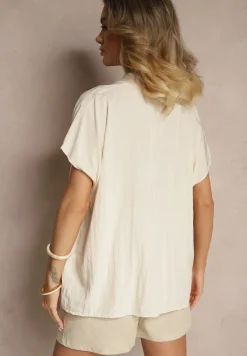 Beżowa Bluzka Oversize z Wiskozą o Kroju Nietoperz z Dekoltem w Serek Davithiel