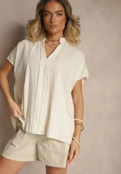 Beżowa Bluzka Oversize z Wiskozą o Kroju Nietoperz z Dekoltem w Serek Davithiel