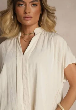 Beżowa Bluzka Oversize z Wiskozą o Kroju Nietoperz z Dekoltem w Serek Davithiel