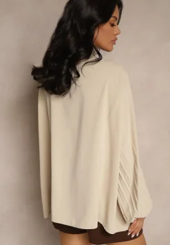 Beżowa Bluzka Ozdobiona Wiązaniem i Plisowanymi Rękawami Jenowena