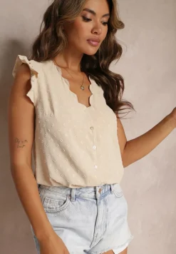 Beżowa Bluzka Top z Ozdobnym Dekoltem i Falbankami przy Ramionach Briara