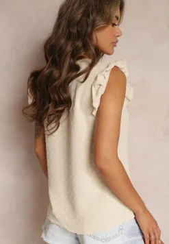 Beżowa Bluzka Top z Ozdobnym Dekoltem i Falbankami przy Ramionach Briara