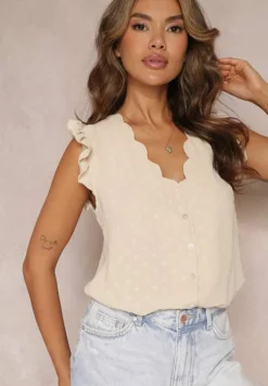 Beżowa Bluzka Top z Ozdobnym Dekoltem i Falbankami przy Ramionach Briara