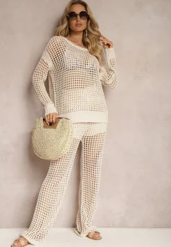 Beżowa Bluzka z Ażurowej Dzianiny z Obniżoną Linią Ramion Limira