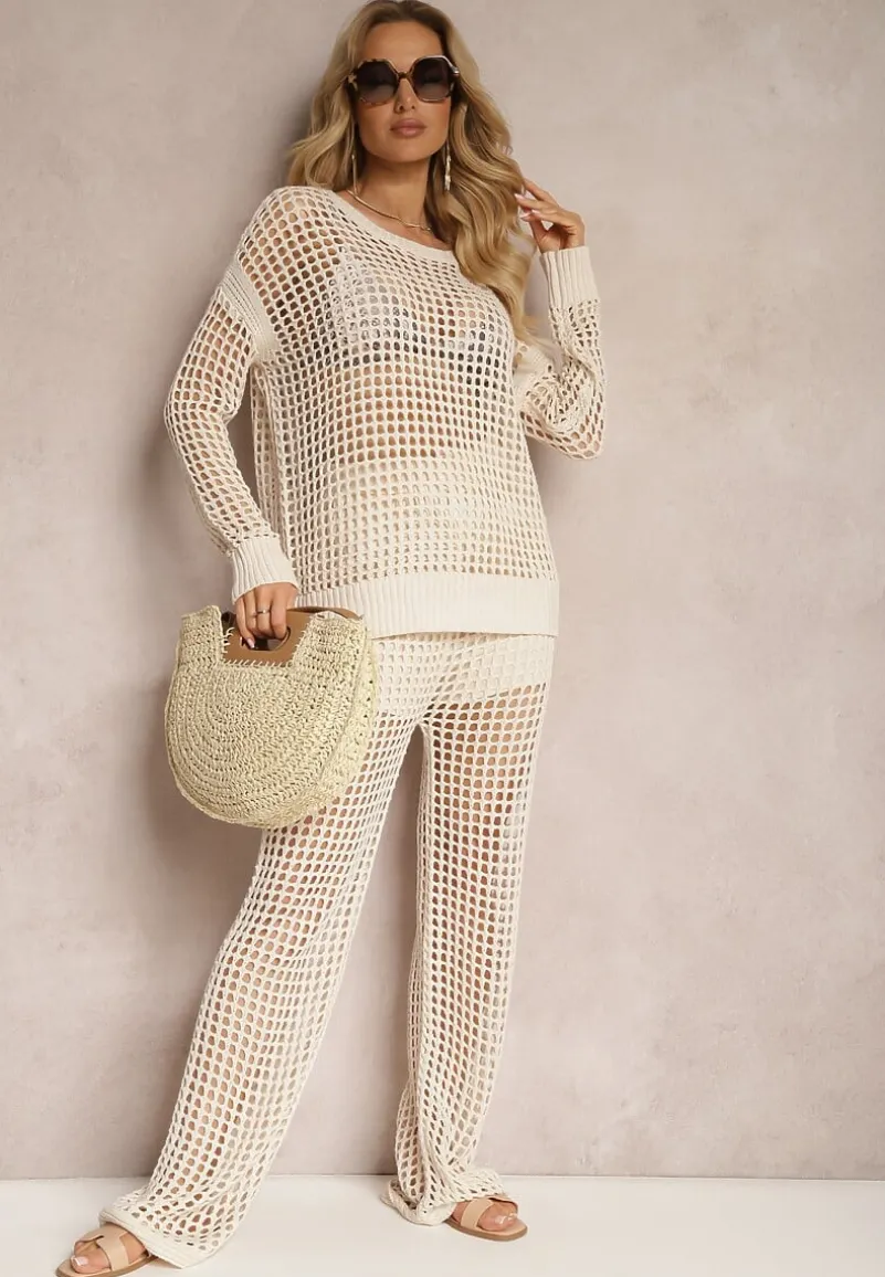 Beżowa Bluzka z Ażurowej Dzianiny z Obniżoną Linią Ramion Limira