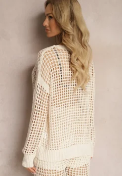 Beżowa Bluzka z Ażurowej Dzianiny z Obniżoną Linią Ramion Limira