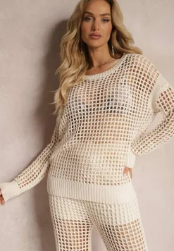 Beżowa Bluzka z Ażurowej Dzianiny z Obniżoną Linią Ramion Limira