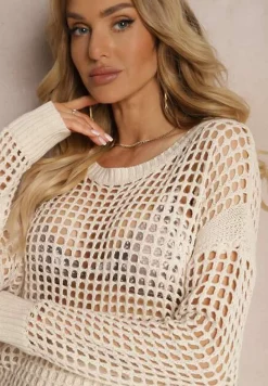 Beżowa Bluzka z Ażurowej Dzianiny z Obniżoną Linią Ramion Limira