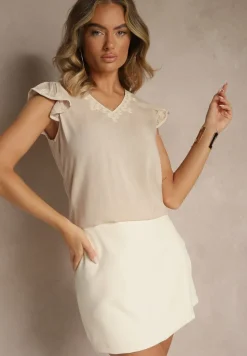 Beżowa Bluzka z Bawełny Ozdobiona Haftem Savoreia