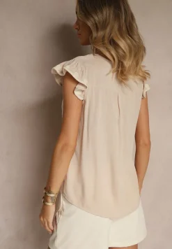 Beżowa Bluzka z Bawełny Ozdobiona Haftem Savoreia