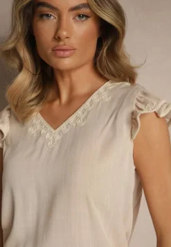 Beżowa Bluzka z Bawełny Ozdobiona Haftem Savoreia