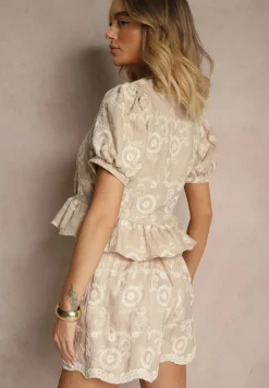 Beżowa Bluzka z Bawełny Ozdobiona Haftem Talseli