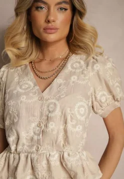 Beżowa Bluzka z Bawełny Ozdobiona Haftem Talseli