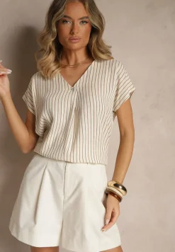 Beżowa Bluzka z Bawełny w Paski Ozdobiona Guzikiem Araluna