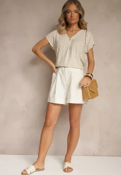 Beżowa Bluzka z Bawełny w Paski Ozdobiona Guzikiem Araluna