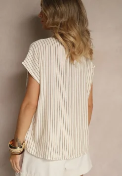 Beżowa Bluzka z Bawełny w Paski Ozdobiona Guzikiem Araluna