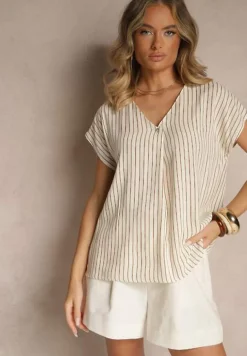 Beżowa Bluzka z Bawełny w Paski Ozdobiona Guzikiem Araluna