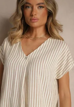 Beżowa Bluzka z Bawełny w Paski Ozdobiona Guzikiem Araluna