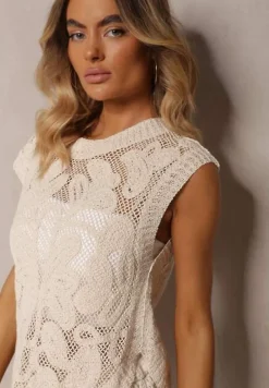 Beżowa Bluzka z Bawełny z Ażurowym Wykończeniem Bez Rękawów Helvitela