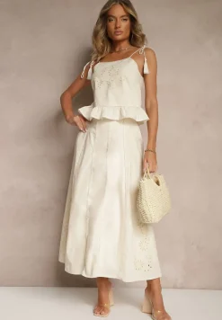 Beżowa Bluzka z Bawełny z Falbanką Haftami i Frędzlami Milunissa