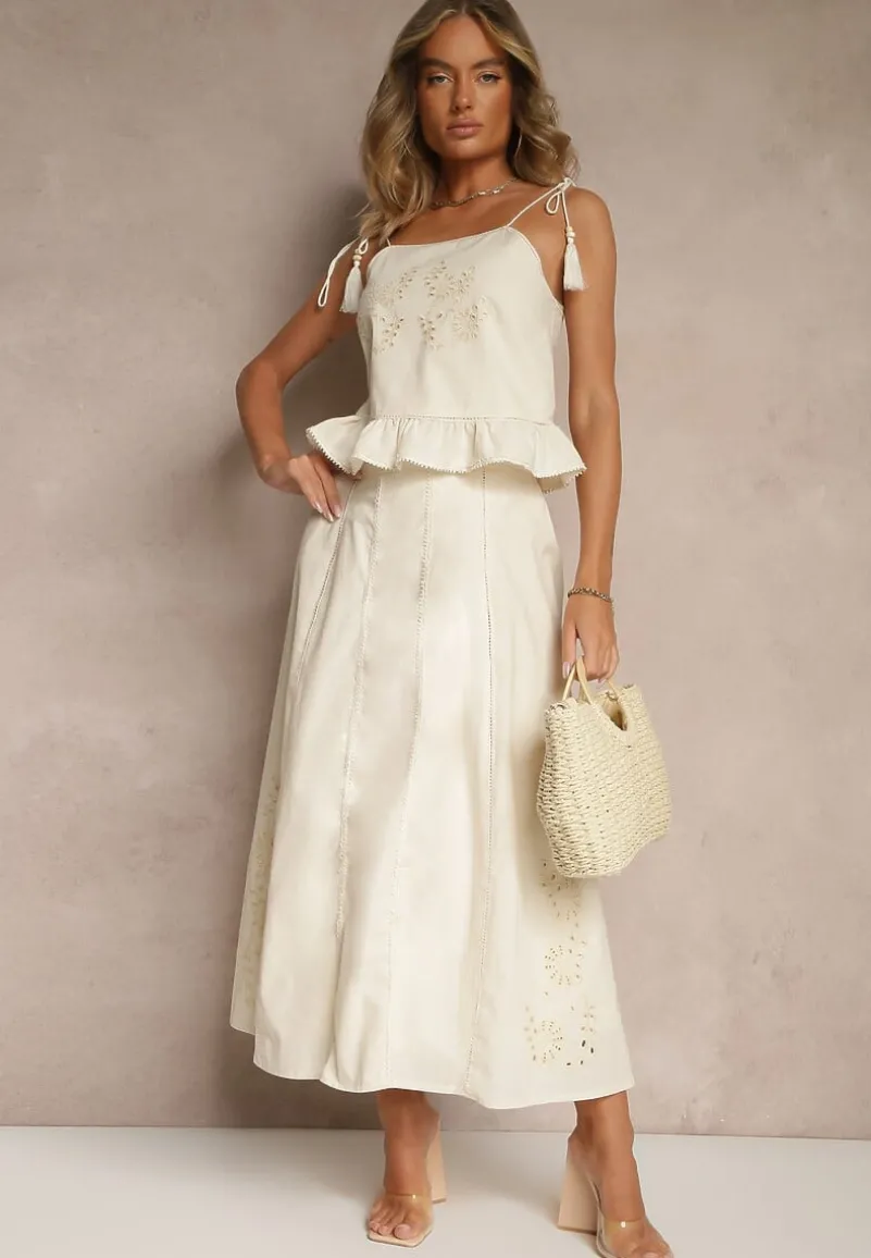 Beżowa Bluzka z Bawełny z Falbanką Haftami i Frędzlami Milunissa