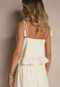 Beżowa Bluzka z Bawełny z Falbanką Haftami i Frędzlami Milunissa