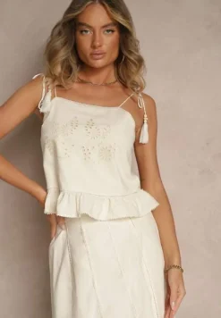 Beżowa Bluzka z Bawełny z Falbanką Haftami i Frędzlami Milunissa